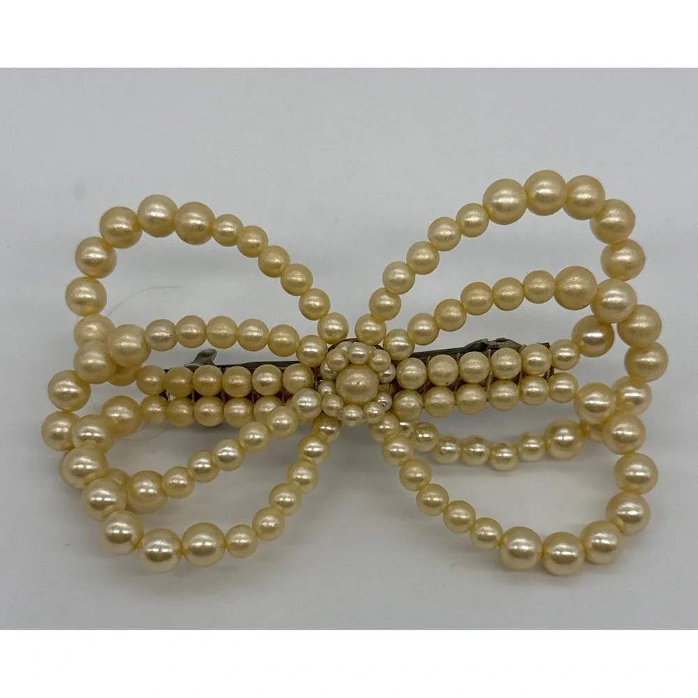 Vintage 90s Faux Pearl Bow Hair Barrette Cream Multi Strand French Clip 4.5 Inch